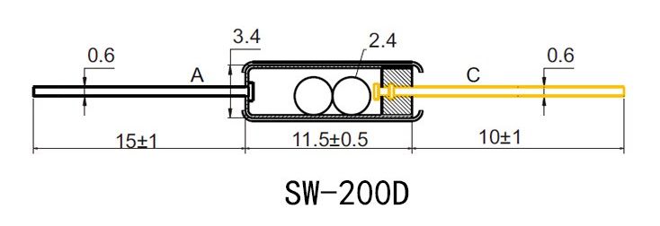 Vibratie sensor two balls single direction tilt sensitive trigger switch SW-200D afmetingen 02